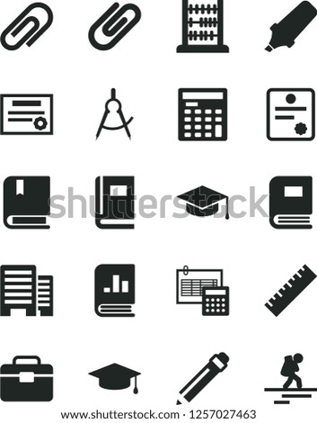 Solid Black Vector Icon Set - clip vector, graphite pencil, yardstick, e, abacus, portfolio, buildings, calculation, square academic hat, scribed compasses, text highlighter, book on statistics