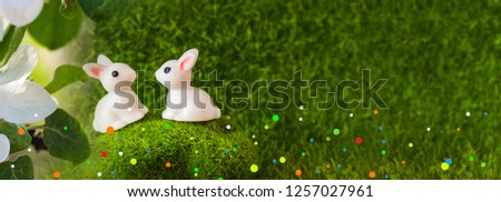 figures rabbits on the grass. Banner blank