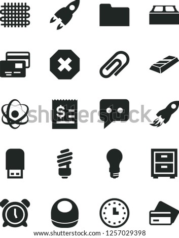Solid Black Vector Icon Set - clip vector, mark of injury, alarm clock, bedside table, baby bib, saving light bulb, building block, cards, weaving, space rocket, article on the dollar, wall watch