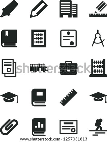 Solid Black Vector Icon Set - briefcase vector, yardstick, new abacus, e, buildings, drawing, square academic hat, clip, scribed compasses, pencil, text highlighter, book on statistics, graduate