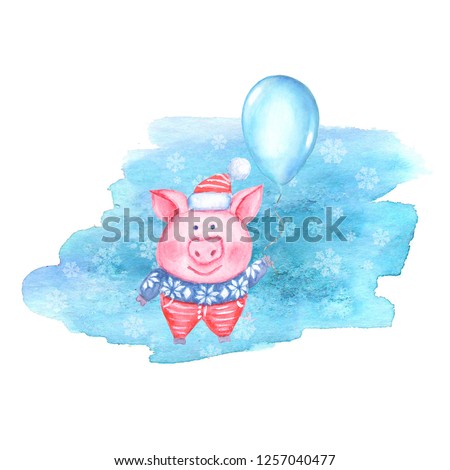 Winter Happy New Year illustration with watercolor pig in knitted sweater, hat with balloon isolated on blue teal snow stain background. Chinese New Year of the Pig. Christmas greeting card.