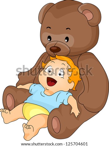 Happy Baby Boy leaning on a Big Brown Toy Bear