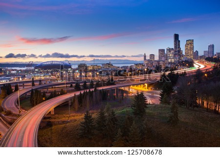 Seattle Highways and Skyline at Sunset