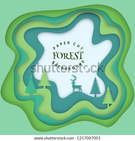 Abstract forest decorative background. Square card with 3D paper cut shapes and deer in forest with shadows. Green colors carving art. Vector design layout.