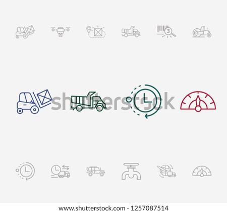 Cargo icon set and gasoline pipe with on time delivery, processing time and forklift. Barcode related cargo icon vector for web UI logo design.