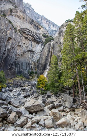 Beautiful view of the rocks with a dry waterfall and river bed in Yosemite national Park. USA, California, November 2018