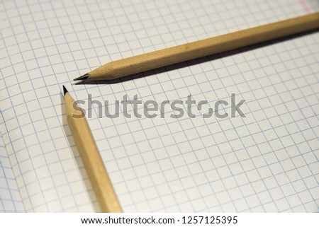 two pencils lie on a piece of paper in a cage, close-up, checkered background