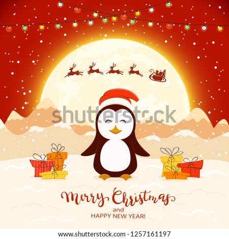 Happy penguin with gifts and flying Santa on red winter background with lettering Merry Christmas and Happy New Year, illustration.