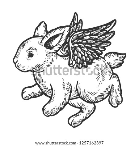 Angel flying baby little rabbit bunny engraving raster illustration. Scratch board style imitation. Black and white hand drawn image.