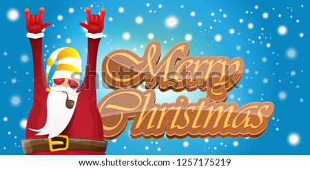 vector horizontal merry christmas greeting card or banner with DJ rock n roll santa claus with smoking pipe and funky hat isolated on blue background with falling snowflakes and lights