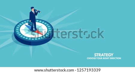Business direction concept. Vector of a businessman standing on compass showing direction. Symbol of strategy, future vision. 