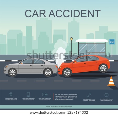 Accident with two cars on the road. Transporation Infographic. Banner Flat Vector Illustration Royalty-Free Stock Photo #1257194332