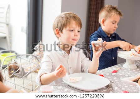 Brothers making "melted snowman" cookies with marshmellows and royal icing. Candid, lifetyle image with shallow depth of field.