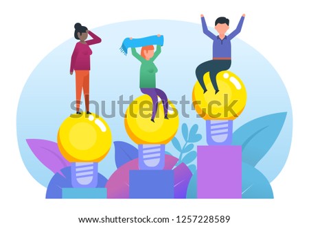 Successful idea, startup, business growth concept. People climbing idea light bulbs chart. Poster for web page, banner, social media, presentation. Flat vector illustration