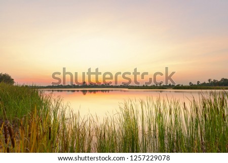 Landscape of calm lake at sunset 