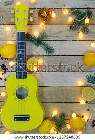 Photo of yellow Guitar, Fresh Orange Lemons, Fir-tree branches, coffee beans and small light bulbs on Wooden Background. 