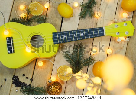Photo shot of Guitar, Fresh Orange Lemon, Fir-tree branches, coffee beans and small light bulbs on Wooden Background. Top view.