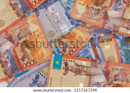 Kazakhstan money bills background texture. tenge banknotes