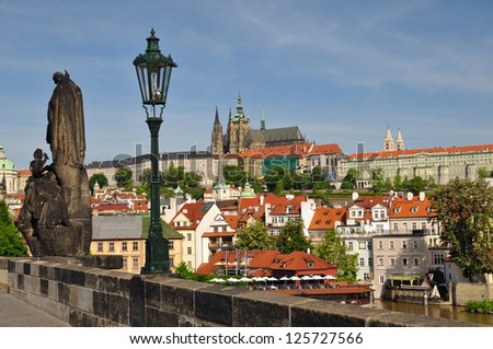 View of Prague, Charles bridge, Vltava river, St. Vitus cathedral, Czech republic