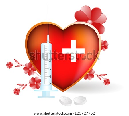Heart, syringe, tablets. Cardiology icon.