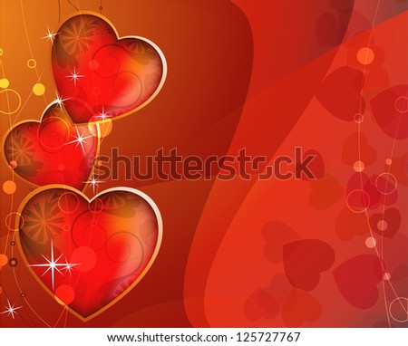 Sparkling hearts with floral ornaments on red background