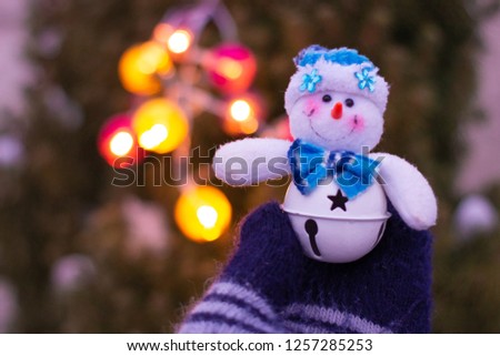 small beautiful snowman and winter mittens