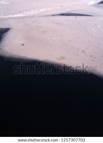 Pictured view of the river in winter, water surface and ice