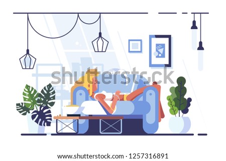 Cartoon blonde relaxing with laptop on sofa. Young woman lying on bed and using notebook flat style vector illustration. Social media communication concept