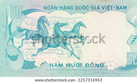 Three galloping horses and flower blooms. Portrait from South Viet Nam 50 Dong 1972 Banknotes. 