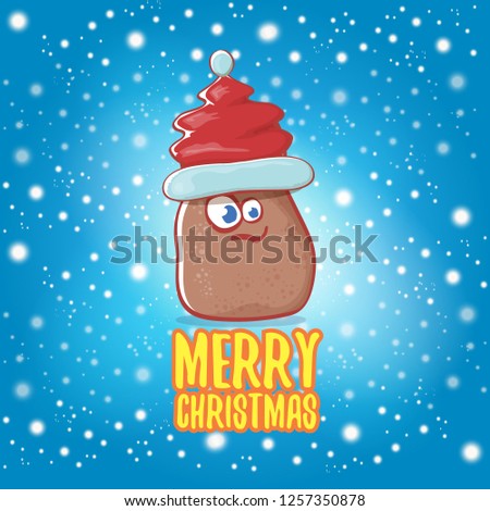 vector brown cute little kawaii santa claus potato cartoon characters with red santa hat and calligraphic merry christmas text isolated on blue background with falling snow. funky christmas character