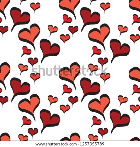 Red Line Art hearts with Black contour different directions and sizes seamless pattern on White background