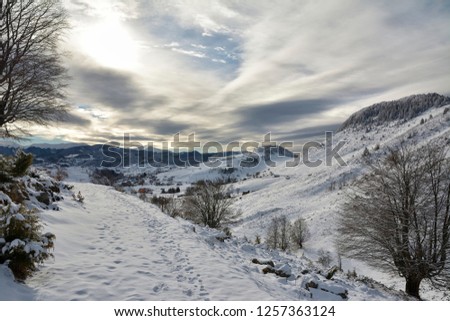 Beautiful winter village at sunset with snow 
