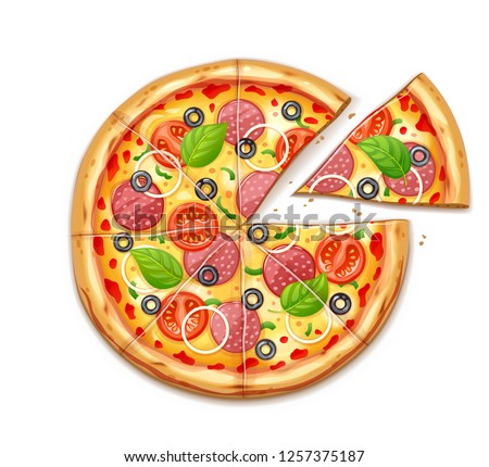 Fresh pizza with tomato, cheese, olive, sausage, onion, basil. Traditional italian fast food. Top view meal. European snack. Isolated white background. EPS10 vector illustration.