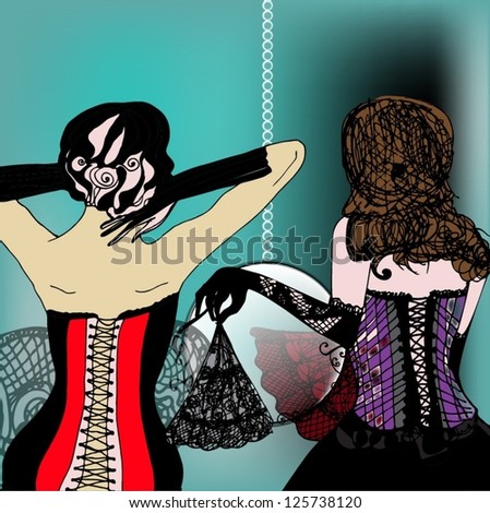 illustrated beautiful ladies wearing vintage corset s - vector illustration