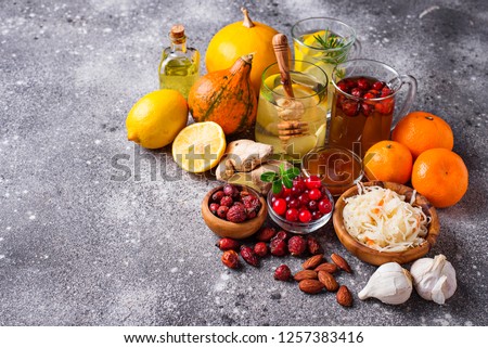 Healthy products for Immunity boosting and cold remedies. Winter vitamins food Royalty-Free Stock Photo #1257383416
