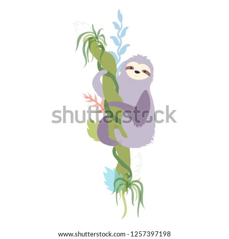 Vector illustration of cute character sloth. Isolated cartoon baby climbing sloths. Hand drawn jungle animal hanging on a branch of tree. Drawing for print, fabric, textile, poster etc. 