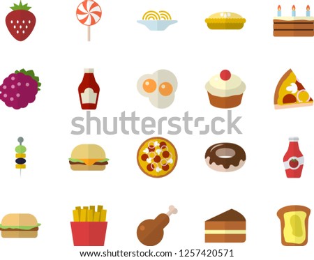 Color flat icon set ketchup flat vector, spaghetti, hamburger, pizza, cupcake, piece of cake, donut, pie, chicken, lollipop, French fries, scrambled eggs, Strawberry, blackberry, canape, sandwich
