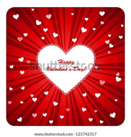 Clip art vector illustration post card with colorful Happy Valentine Day greetings showing white heart with ruffles in the center against burst dark and light red background and small hearts around