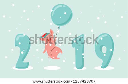 Creative banner for New 2019 Year with cute pig. Concept, vector vertical template. Symbol of the year in the Chinese calendar. Cartoon. Isolated. Vector illustration. Vector illustration
