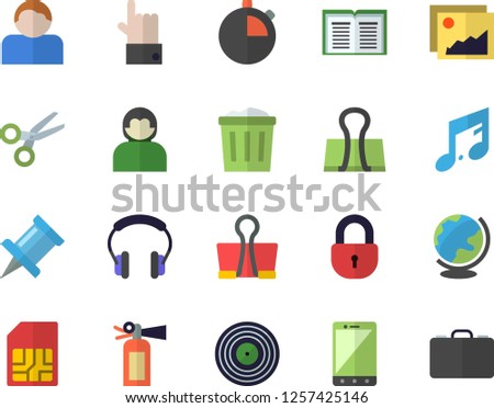 Color flat icon set SIM card flat vector, gallery, scissors, binder clip, drawing pin, fire extinguisher, trash can, mobile, user, lock, indicate, book, target, note, headset, stopwatch, globe, case