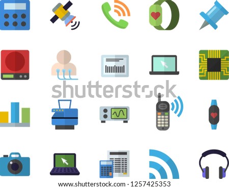 Color flat icon set calculator flat vector, weighing machine, motherboard, phone call, barcode, diagnostics, statistic, copy, laptop, satellit, oscilloscope, fitness bracelet, broadcast, drawing pin