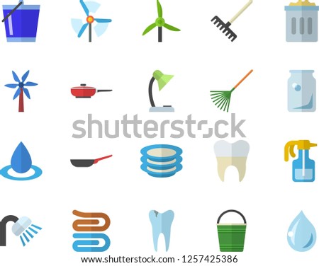 Color flat icon set shower flat vector, frying pan, towel, plates, windmill, pulverizer, rake, bucketful, drop, glass bottles, caries, dental crowns, reading lamp, trash can