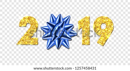 Happy New year card. 3D gift ribbon bow, gold number 2019 isolated white transparent background. Golden texture Christmas glitter design. Holiday celebration, decoration Vector illustration