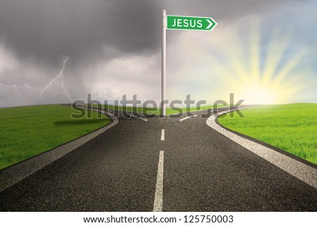 Highway with green road sign of Jesus name on stormy background Royalty-Free Stock Photo #125750003