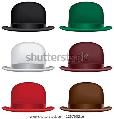 A bowler or derby hat selection in black, gray, red, green, burgundy and brown colors.