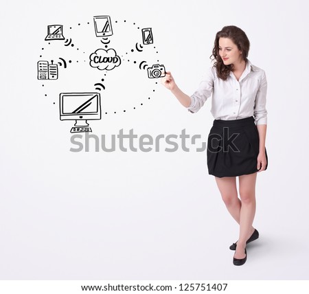 Young woman drawing a cloud computing on white whiteboard