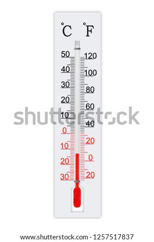 Meteorology thermometer isolated on white background. Thermometer shows air temperature minus 13 degrees celsius or plus 9 degrees fahrenheit Royalty-Free Stock Photo #1257517837