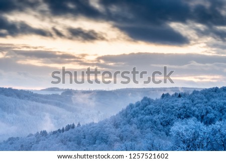 Snowy, misty hills with a forest in the pastel sunset and dark clouds in the winter.