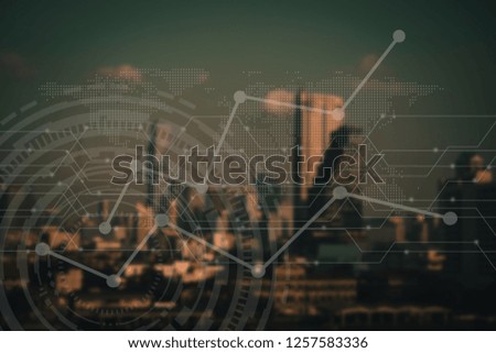 Blur capital town many buildings in city with transportation system double exposure graph and technology icon  with sunlight background.