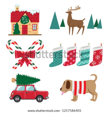 Collection of six Christmas vector illustrations: A house with ornaments, a reindeer, two candy canes, four colored socks, a car carrying a fir and a cute doggy.